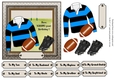 Black and blue striped rugby shirt with rugby ball and boots, male birthday card 6x6 topper