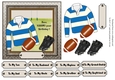 White and blue striped rugby shirt with rugby ball and boots, male birthday card 6x6 topper