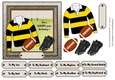 Yellow and black striped rugby shirt with rugby ball and boots, male birthday card 6x6 topper