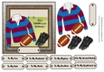 Maroon and blue striped rugby shirt with rugby ball and boots, male birthday card 6x6 topper