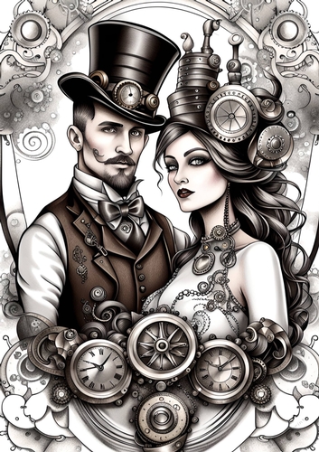 Steampunk Bride and and Groom A4 Print