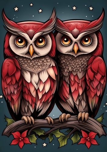 Owls at Christmas Time A4 Print