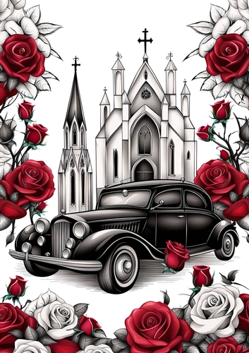 Gothic church and  Wedding car A4 Print