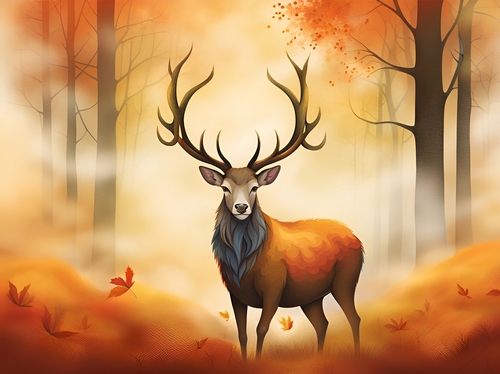 Stag in the Autumn Mist A4 Landscape