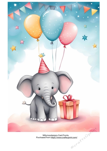 Birthday Elephant Card Fronts A4 A5 5x7