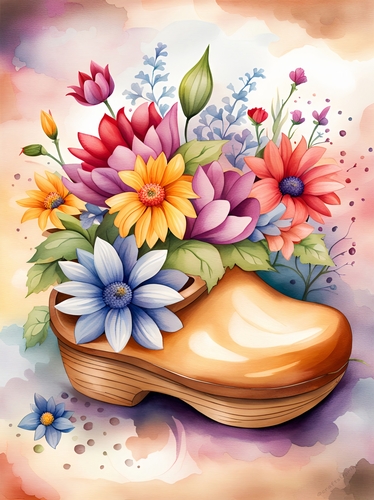 Watercolour Flowers in a Wooden Clog A4