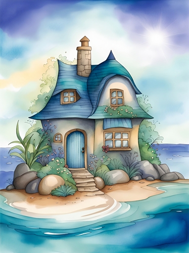 Watercolour Fantasy Cottage by the Sea A4
