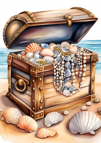 Watercolour Treasure Chest on the Beach A4