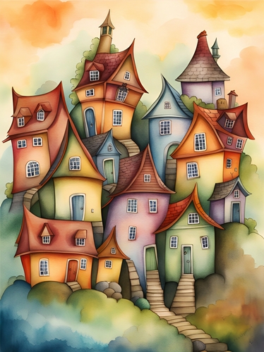 Watercolour Village of the Crooked Houses A4
