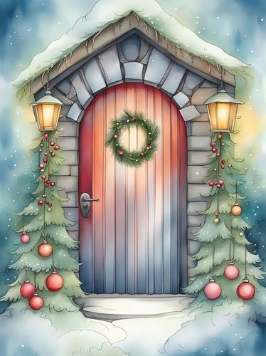 Watercolour Christmas Door A4