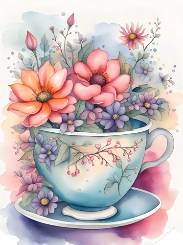 Watercolour Flowers in a Tea Cup A4