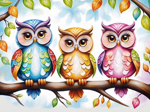 Trio of Cute Owls A4 Landscape