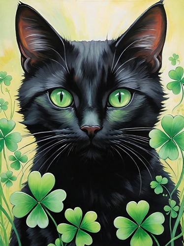 Lucky Black Cat In The Clover A4