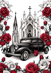 Gothic church and  Wedding car A4 Print