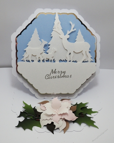 Octagonal easel card with deers and poinsettia
