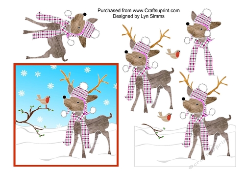 Reindeer and robin in the snow.