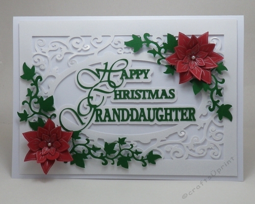 Happy Christmas Granddaughter, with lacy background and poinsettias