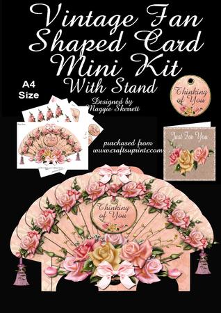 Pink Roses Vintage Fan Shaped Card Plus Stand and Gift Card