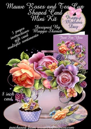 Mauve and Pink Roses and Tea Cup Shaped Card