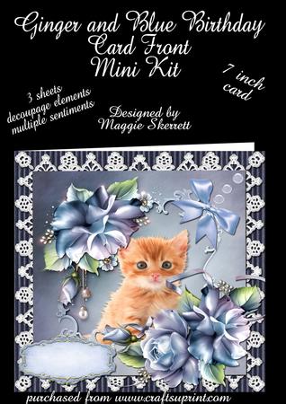 Ginger Kitten and Blue Flowers Birthday Card Front Mini Kit