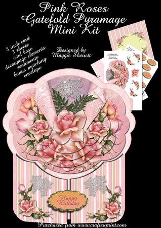 Pink Roses Gatefold Pyramage Shaped Card Plus Bonus Envelope