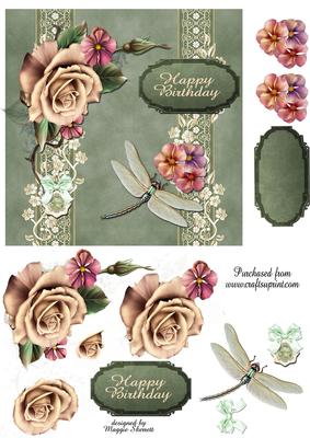 Vintage Green and Roses Quick Card Topper
