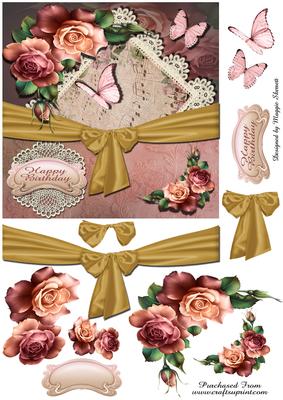 Pink Roses, Lace and Butterflies, Quick Card Topper