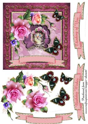 Kitten and Pink Roses - 6 Inch Card Front