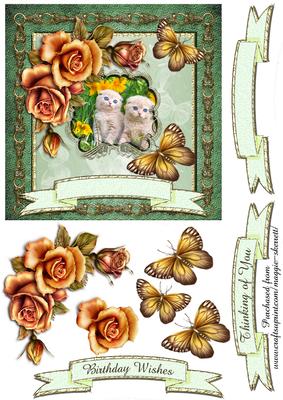 Kittens and Antique Roses 6 Inch Card Front