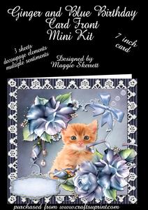 Ginger Kitten and Blue Flowers Birthday Card Front Mini Kit