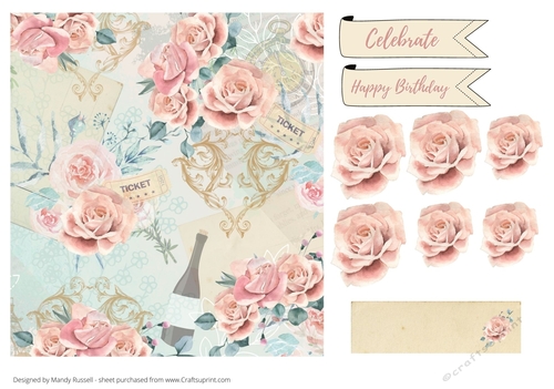 Vintage Card Front Topper With Sentiment tags and Fussy Cut Roses