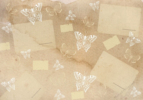 Shabby Vintage Ephemera and Butterflies Background - Landscape backing paper, journal pages, junk journal paper, collage sheet
