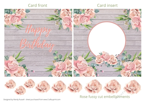 Happy Birthday Floral Card Front topper and card insert with fussy cut Rose embellishments 