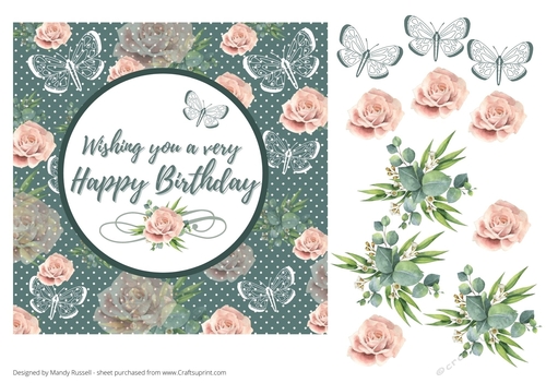 Wishing you a very Happy Birthday Flowers and Butterflies main topper with fussy cut embellishments