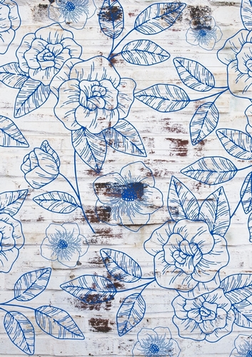 Beautiful Blue Floral Design On Distressed Weathered White Brick, Backgrounds, Backing Paper, Junk Journal, Scrapbooking