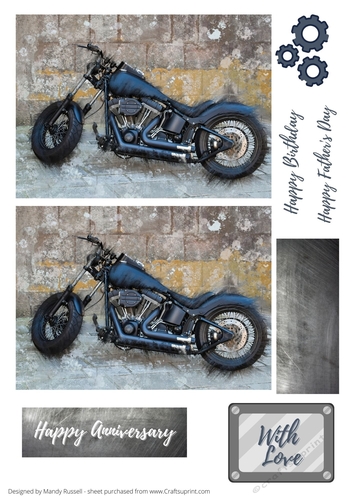 Motorbike Mad Topper sheet with Happy Birthday, Happy Anniversary, With Love and Happy Fathers Day sentiments