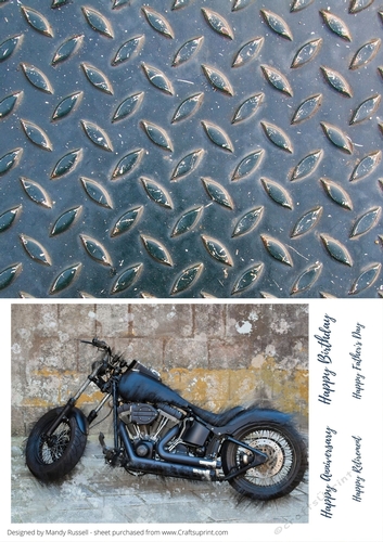 Motorbike Mad Topper Design Sheet, Mixed Media Artwork Topper, Faux Textured Distressed Metal Backing Paper and Digi-sentiments
