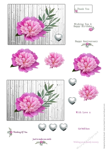 Cardmaking Download Project sheet - Peony on Wood Toppers with Fussy cuts, decoupage elements, embellishments and sentiments