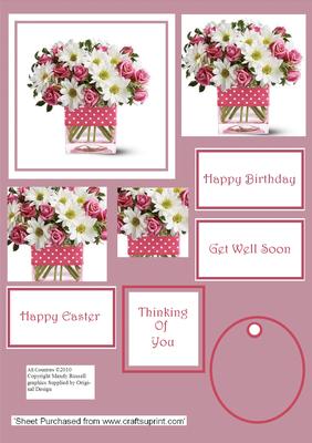 Floral Stacker Design Sheet with Backing Bottom. Glass Tank Vase Tied with Polka Dot Ribbon Filled with White Daisy Chrysanth and Pink Roses