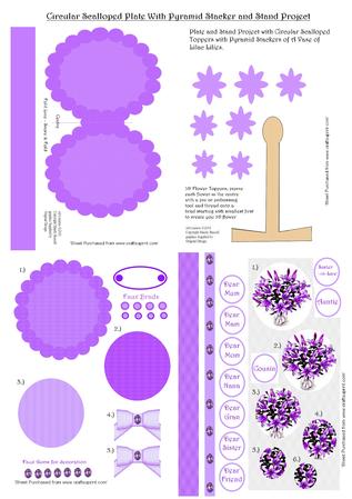 Card Template - Scalloped Edge Plate with Stand with Vase of Lilies Pyramid Toppers and 3D Decoupage Toppers, Digital Ribbons & Bows and Gems