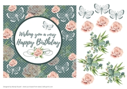 Wishing you a very Happy Birthday Flowers and Butterflies main topper with fussy cut embellishments