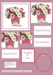 Floral Stacker Design Sheet with Backing Bottom. Glass Tank Vase Tied with Polka Dot Ribbon Filled with White Daisy Chrysanth and Pink Roses