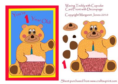 Teddy with Cupcake Card Front with Decoupage for 1 Yr. Old