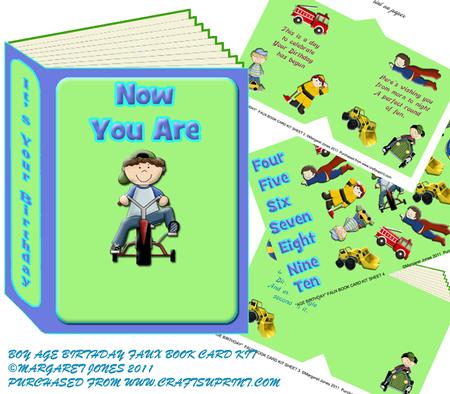 Faux Book Card for Boys Birthday Age 4 - 10 Yrs Old