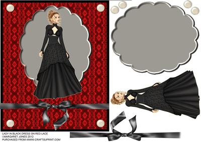 Lady in Black Dress on Red Lace Background