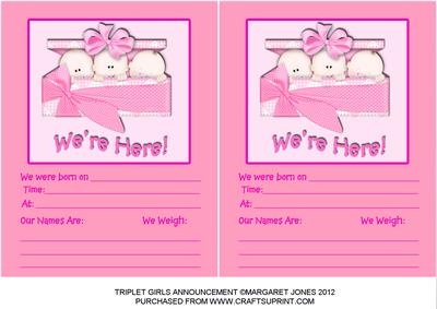 Triplet Girls Announcement Card