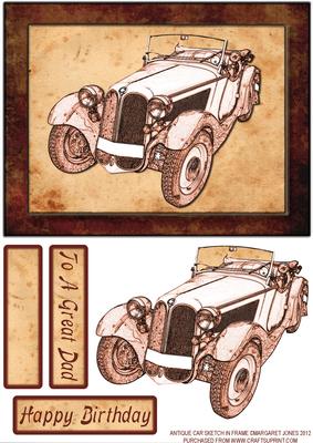 Antique Car Sketch in Frame, Male Birthday