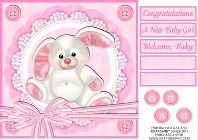 Pink Bunny New Baby Girl 8x8 Card