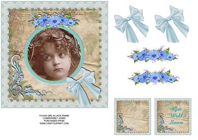Vintage Young Girl in Lace Frame Get Well Soon 6x6