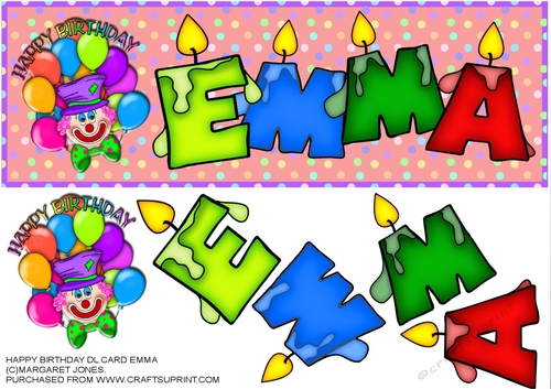 Large DL Clown Birthday Card - Name EMMA